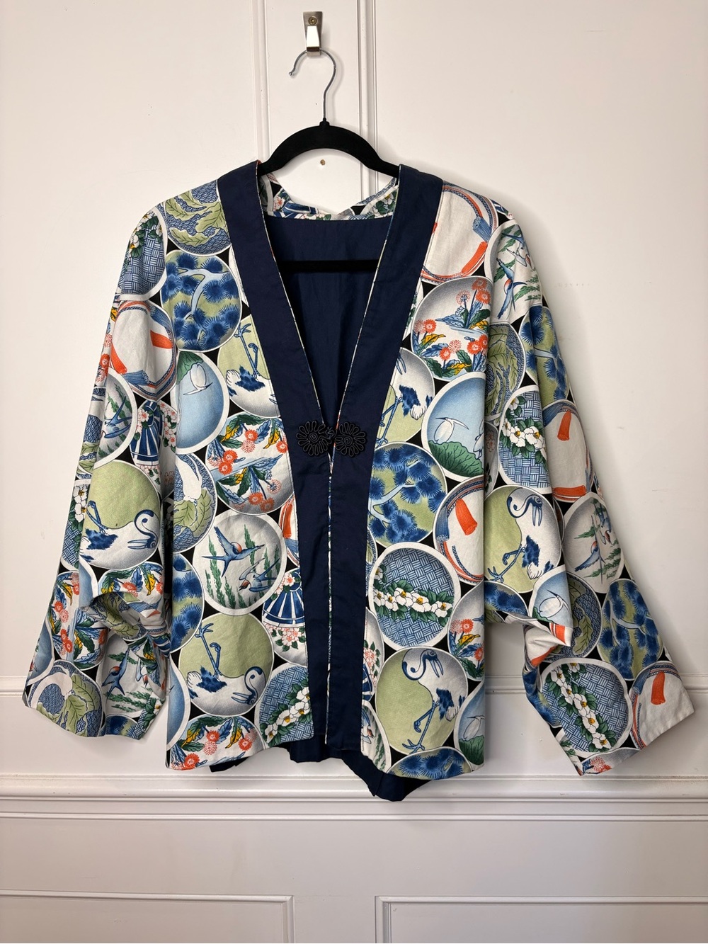Boho Floral & Circle Print Open kimono jacket in Navy Trim
